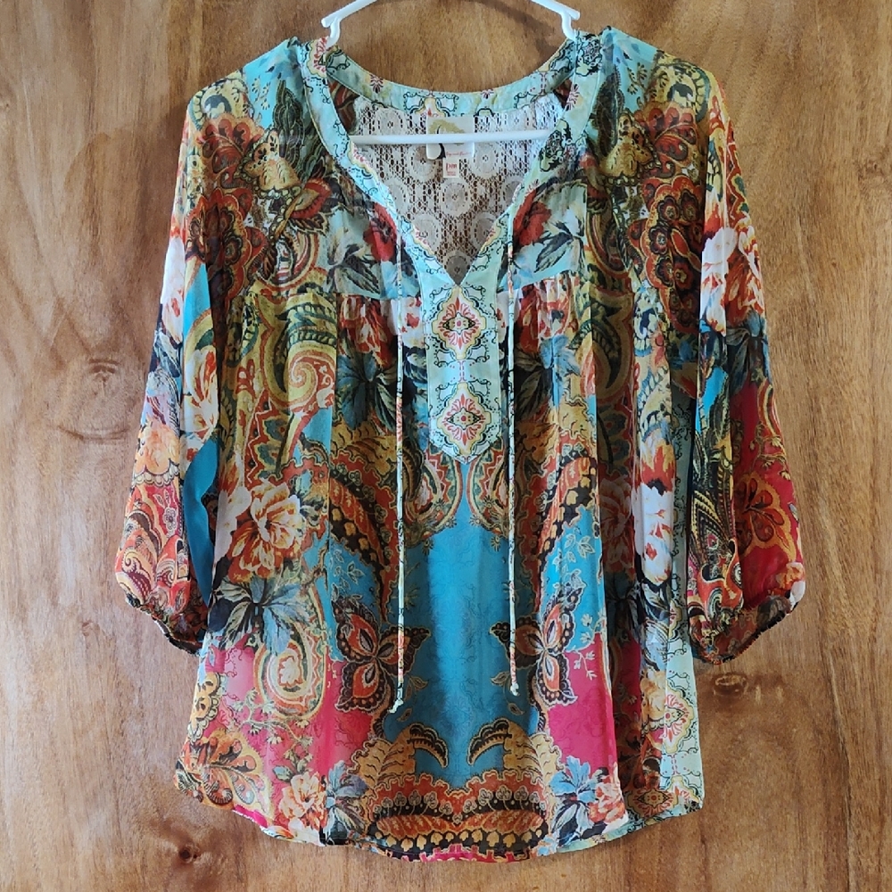 Fig and Flower Sheer Boho Mixed Print Blouse Damask Lace Pink Blue Tie Neck PM